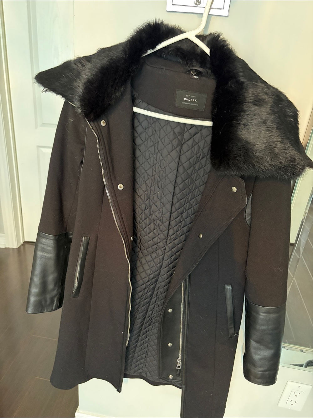 RUDSAK Black Wool Pea Coat with Faux Fur Collar